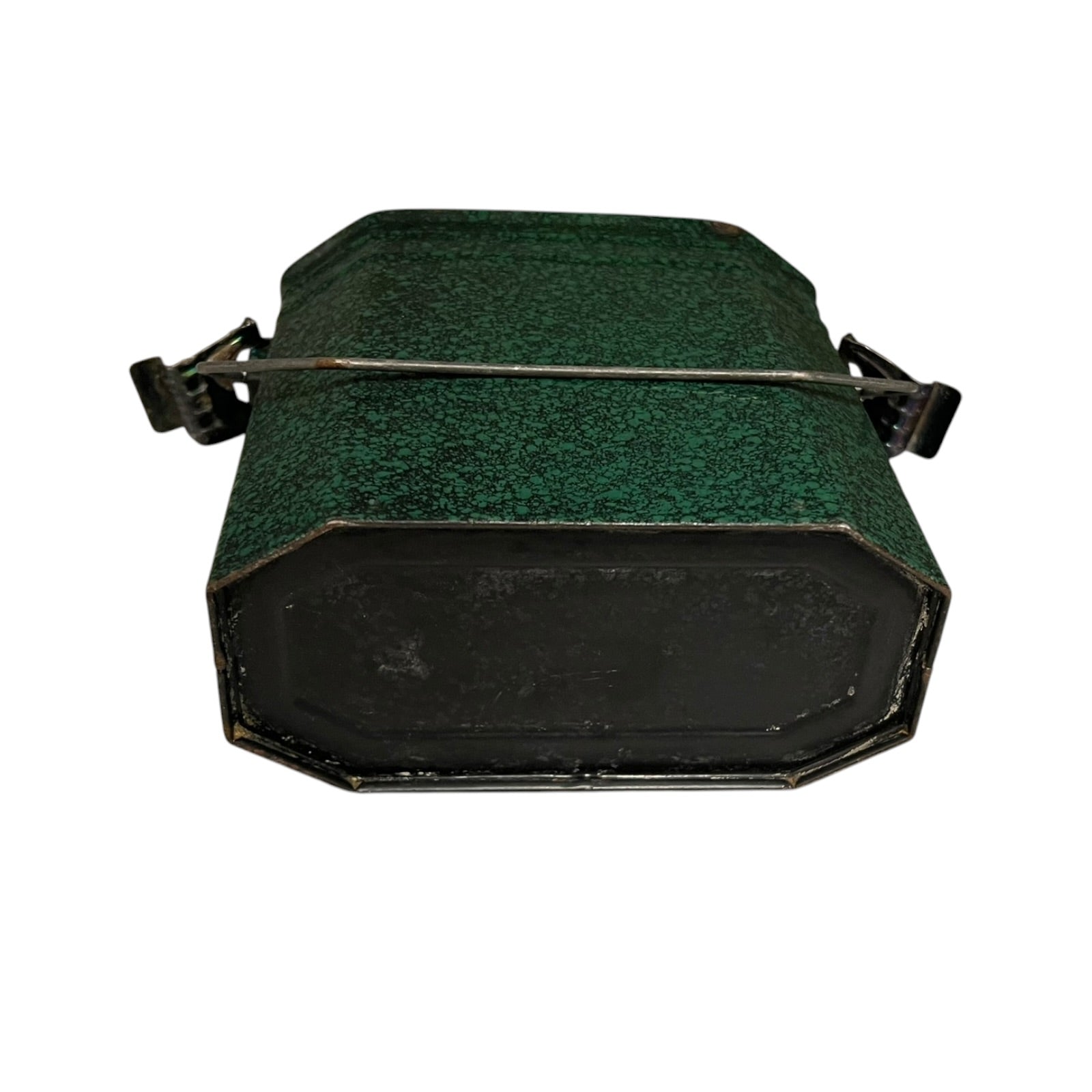 Close up of a French enamel lunch box on a white background