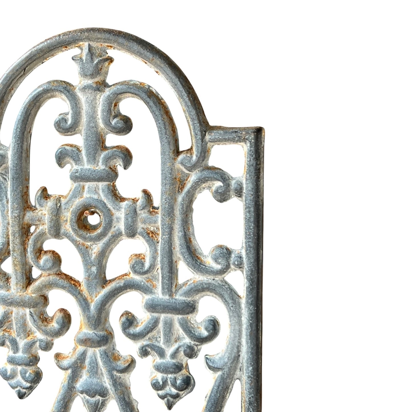 close up of a metal decorative wall planter on a white background