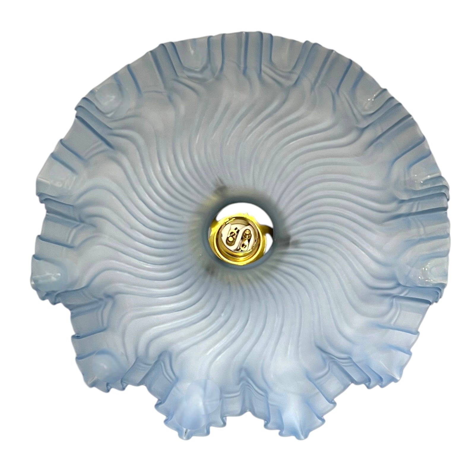 underside of a blue textured glass lampshade with brass sittings 