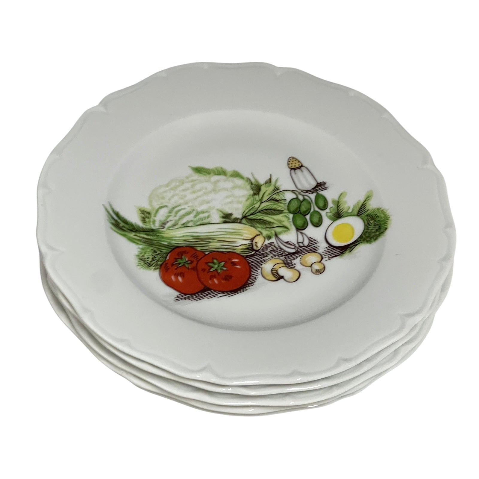 Set of six porcelain plates with decorative salad vegetable illustrations on a white background