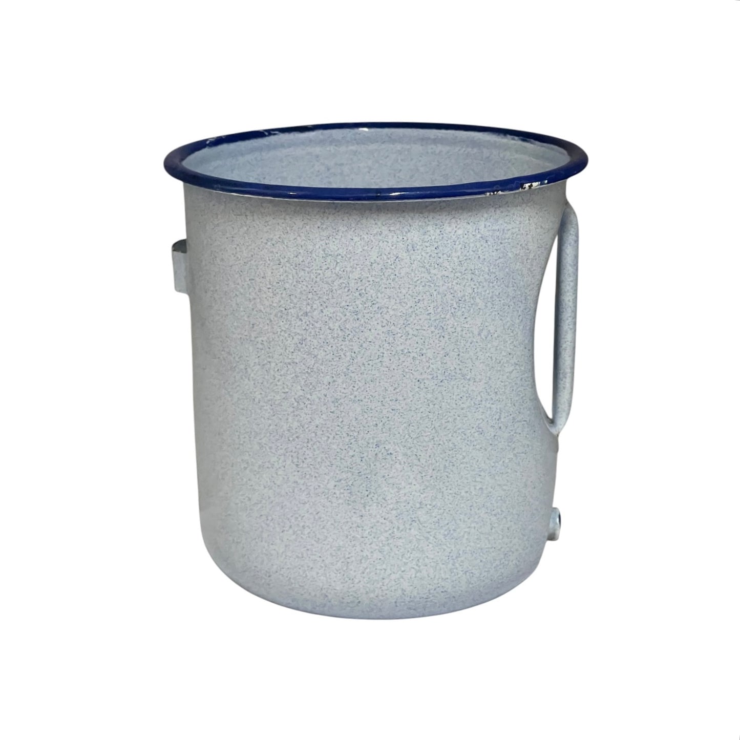 A light blue enamel pot with a handle and spout with a dark blue rim and side handles, shown on a plain white background.
