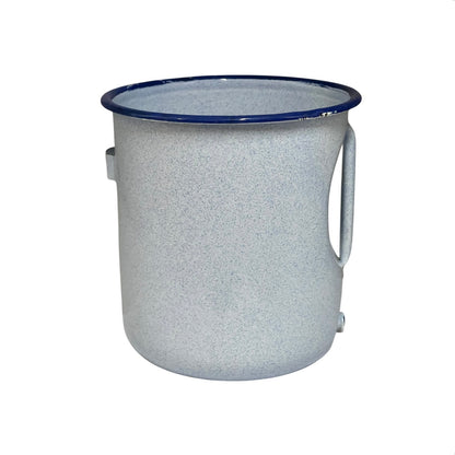 A light blue enamel pot with a handle and spout with a dark blue rim and side handles, shown on a plain white background.