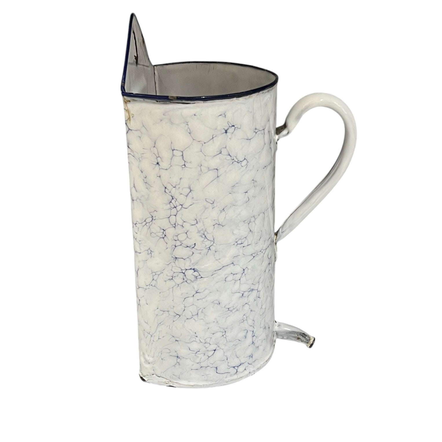 A vintage French pot with a white and blue crackled marbled pattern, a silver-toned metal spout, and a white handle, shown on a plain white background.