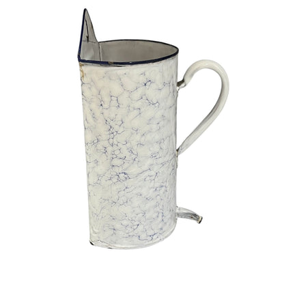 A vintage French pot with a white and blue crackled marbled pattern, a silver-toned metal spout, and a white handle, shown on a plain white background.
