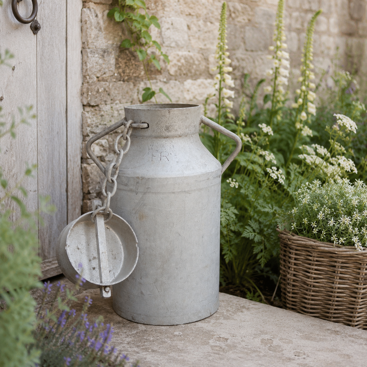 Vintage-style metal milk churn on a wooden surface with a garden background
