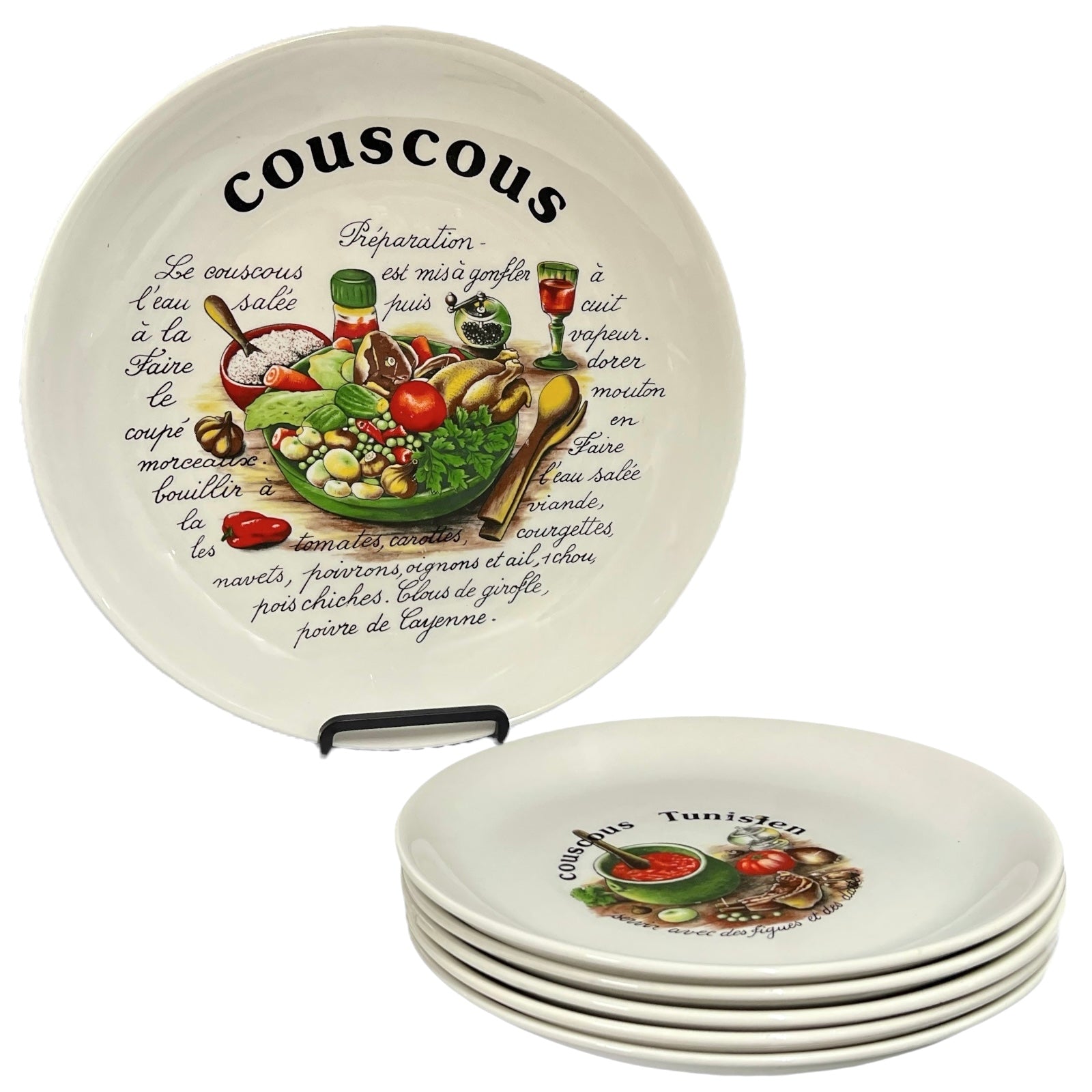 Set of ceramic plates with couscous dish illustration and text on a white background