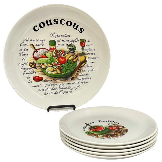 Set of ceramic plates with couscous dish illustration and text on a white background