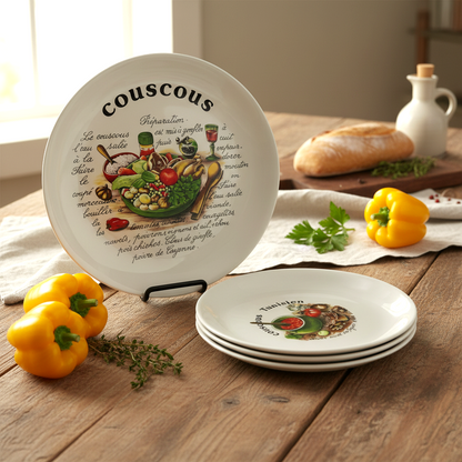 Decorative plates with food-themed designs on a wooden table with vegetables.