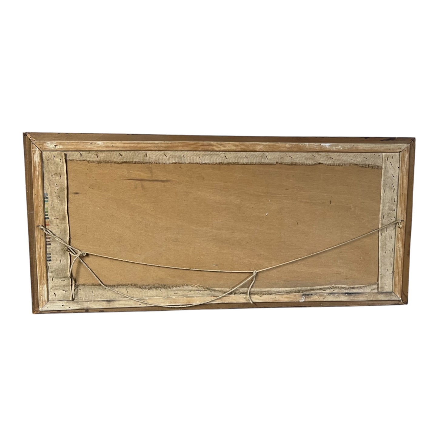 The back of a rectangular wooden picture frame with a canvas backing and hanging wires, shown against a plain white background.