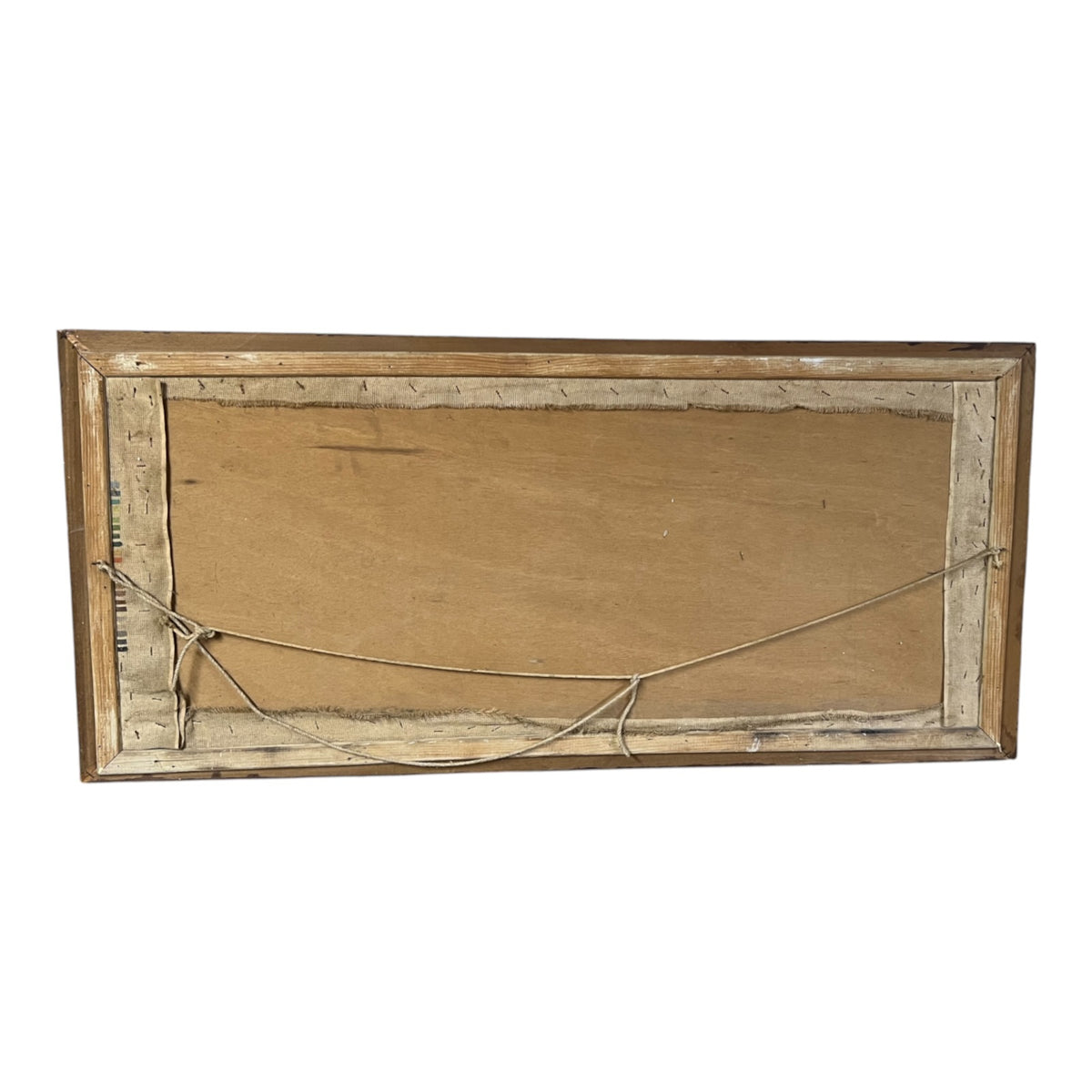 The back of a rectangular wooden picture frame with a canvas backing and hanging wires, shown against a plain white background.