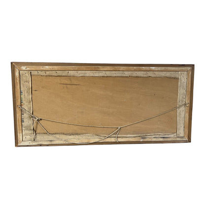 The back of a rectangular wooden picture frame with a canvas backing and hanging wires, shown against a plain white background.