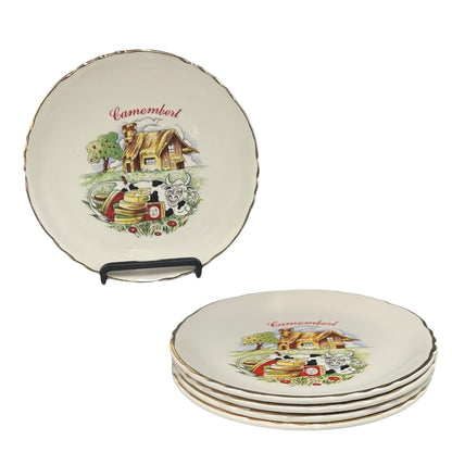 Set of five decorative plates with Camembert cheese design on a white background
