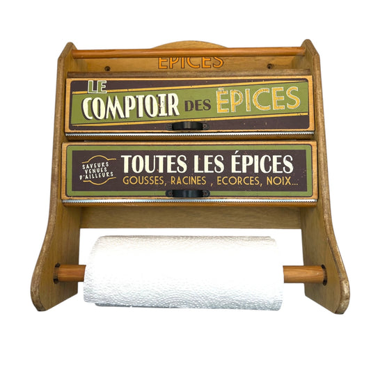 Wooden paper towel holder with vintage-style sign 'Le Comptoir des Epices' on a white background