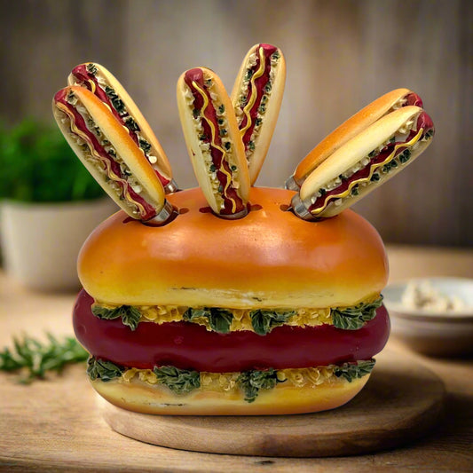 Set of 6 hotdog shaped butter knives in a matching hot dog shaped holder for sale from All Things French Store