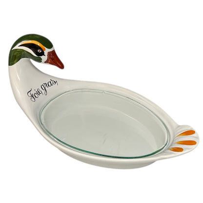 Ceramic duck-shaped platter with 'Fois gras' text on a white background