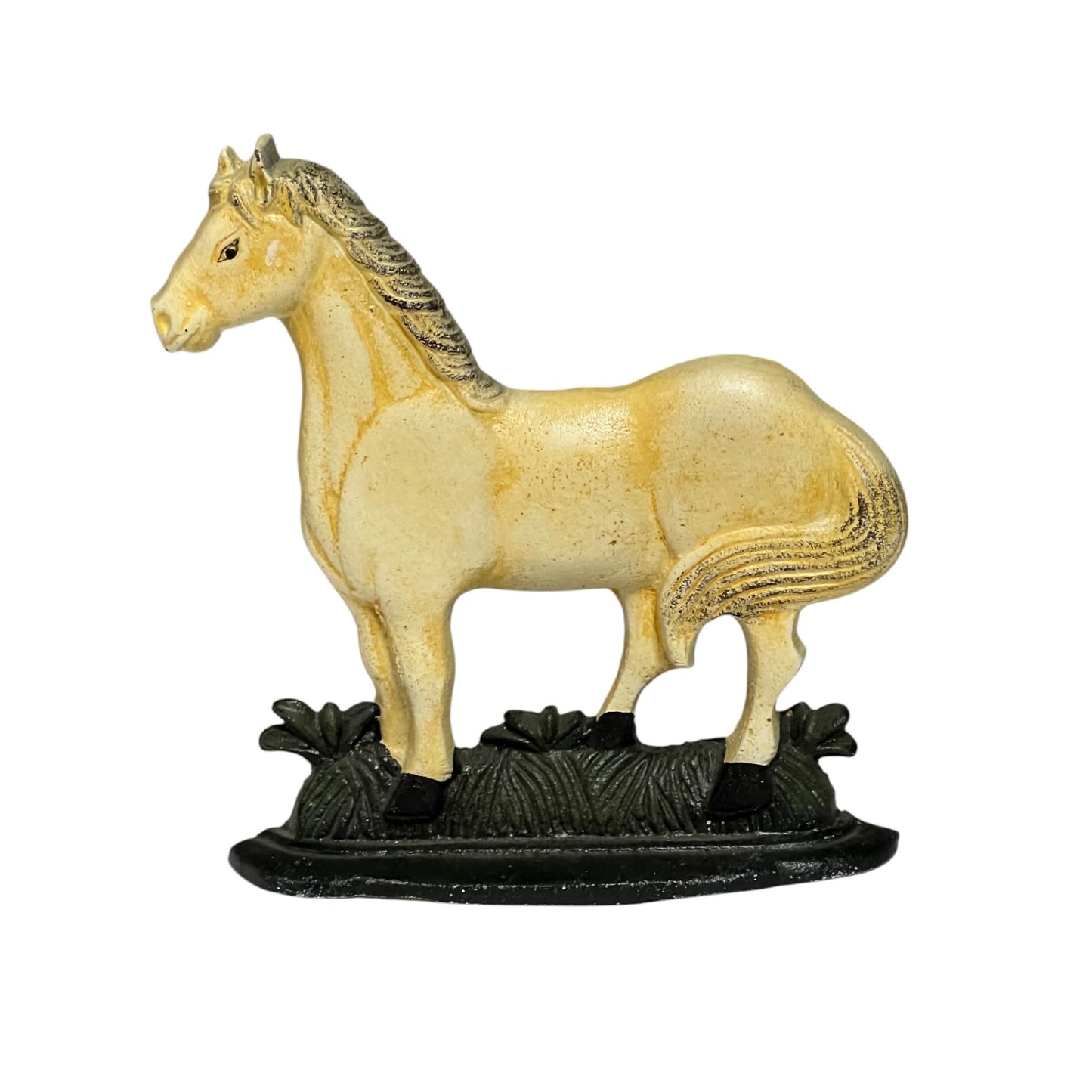 A decorative horse figurine standing on a dark textured base, shown against a plain white background.