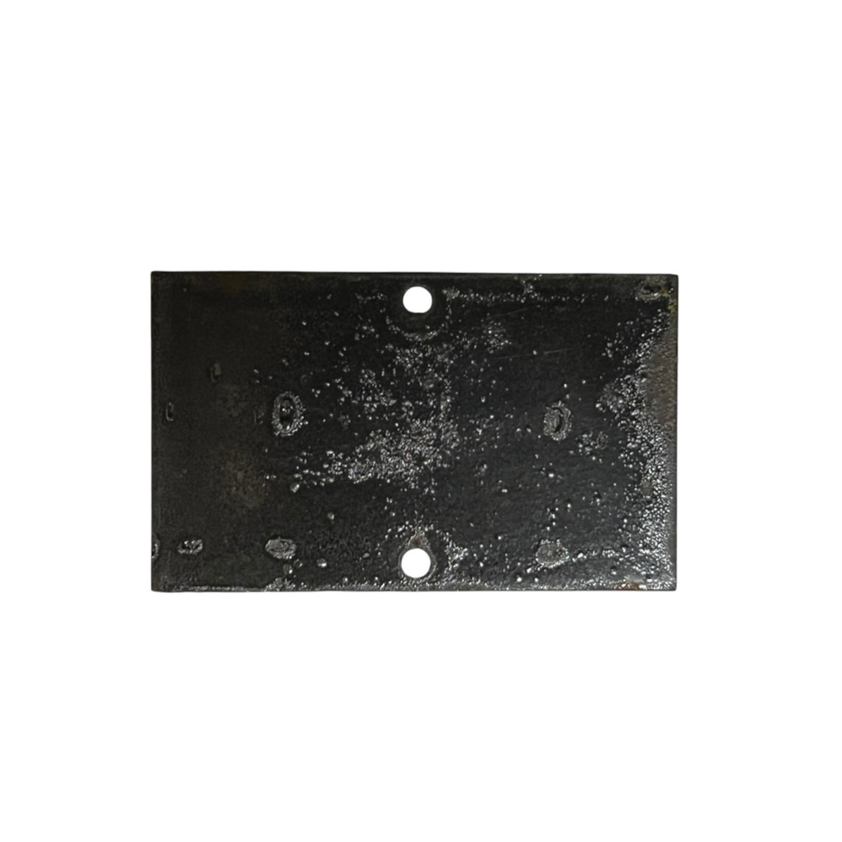 A rectangular black metal plate with two pre-drilled holes and a distressed, weathered texture, shown against a plain white background.
