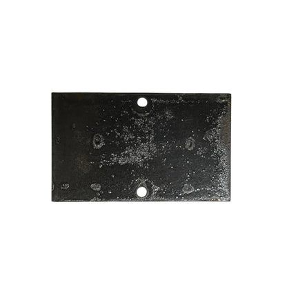 A rectangular black metal plate with two pre-drilled holes and a distressed, weathered texture, shown against a plain white background.