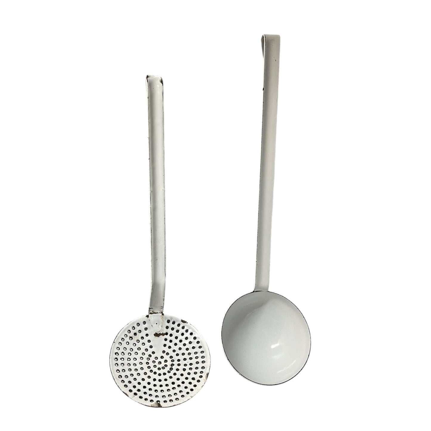 pair of enamel kitchen utensils on a white background