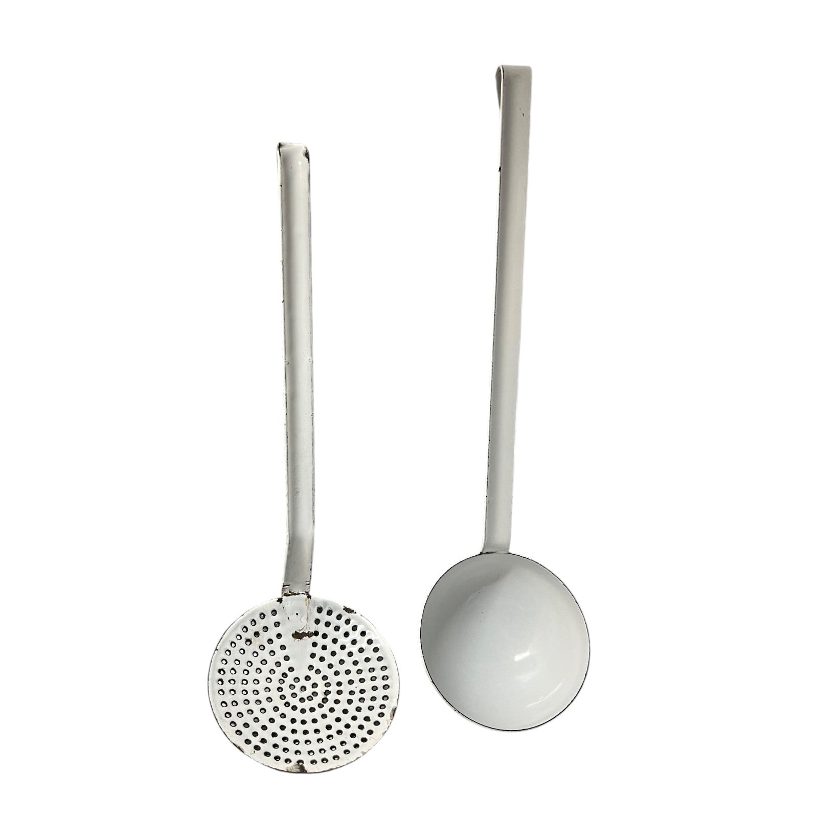 pair of enamel kitchen utensils on a white background