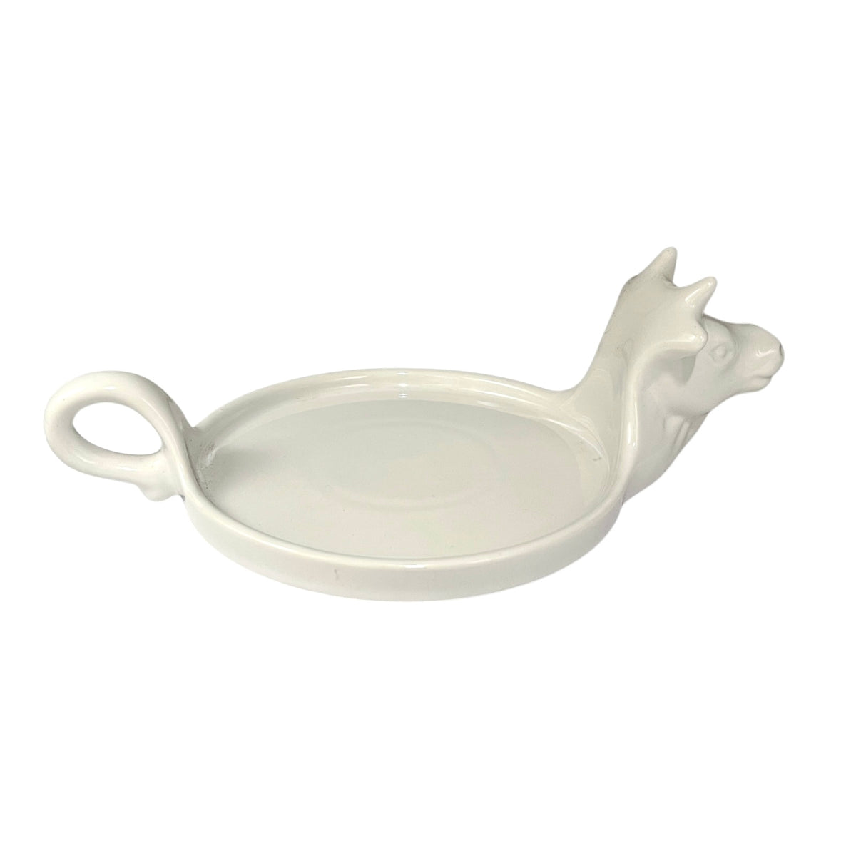 Vintage French L'Hirondelle porcelain cheese dish with cow-shaped white base and illustrated Fromage lid, traditional French farmhouse cheese server  base view