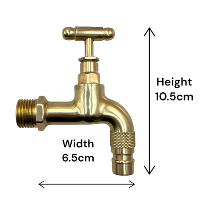 Brass faucet with measurements on a white background