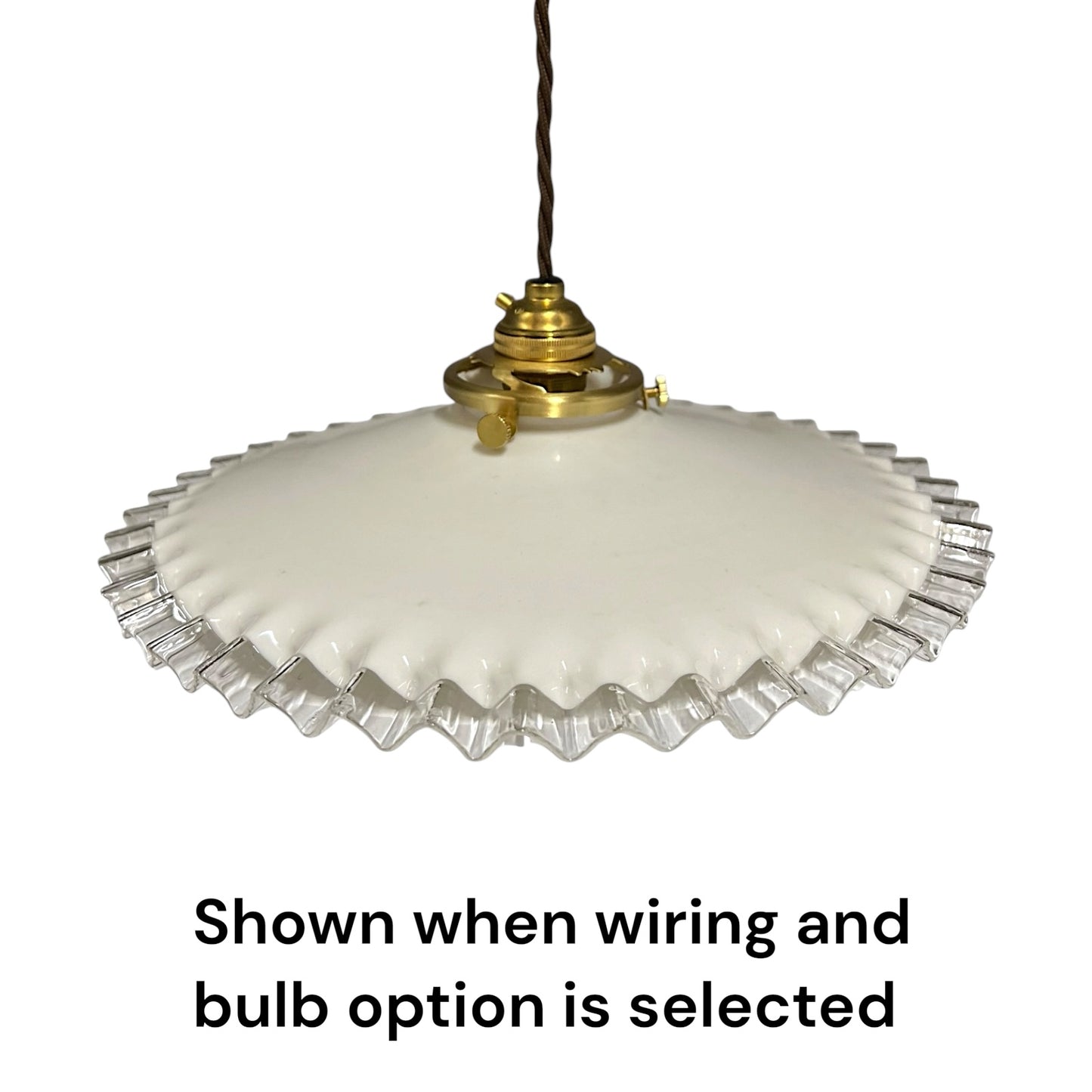 Vintage French Opaline Milk Glass Pendant Pie Crust Lampshade with Brass Collar