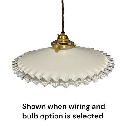Vintage French Opaline Milk Glass Pendant Pie Crust Lampshade with Brass Collar