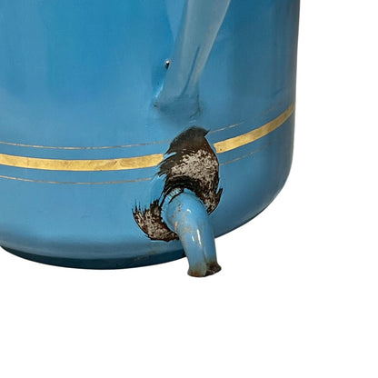 A close-up of a light blue enamel pot or container with a gold stripe, showing a worn and chipped section of the spout with dark exposed metal underneath, set against a plain white background.