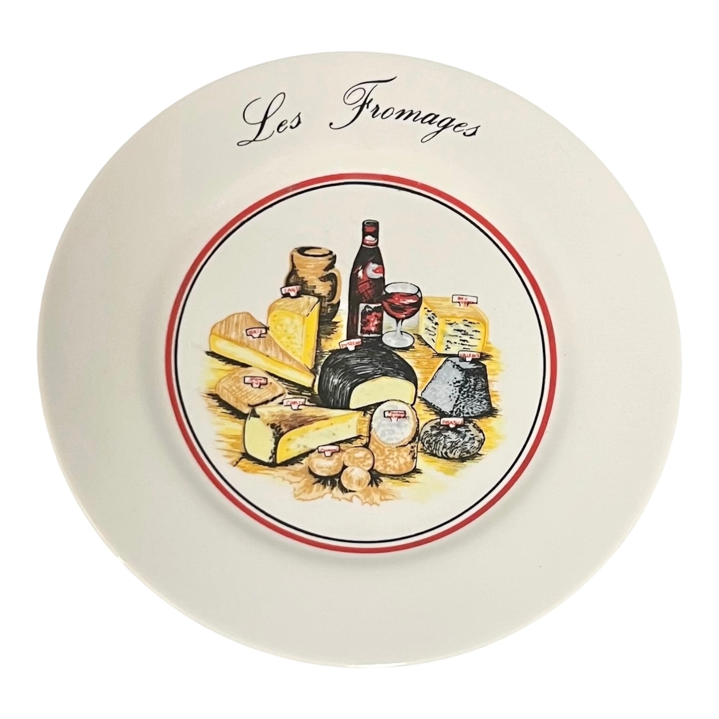Decorative plate with a cheese-themed illustration and 'Les Fromages' text on a white background