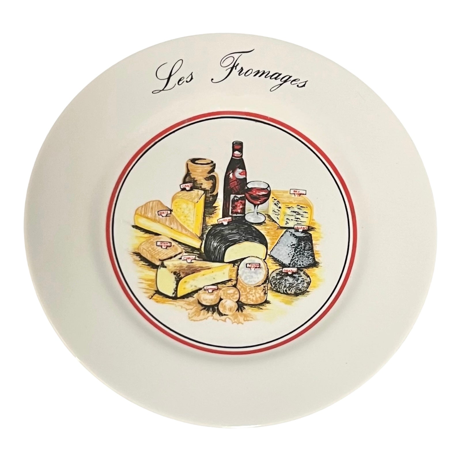 Decorative plate with a cheese-themed illustration and 'Les Fromages' text on a white background
