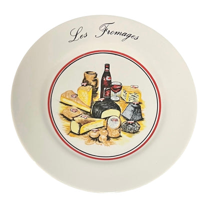Decorative plate with a cheese-themed illustration and 'Les Fromages' text on a white background