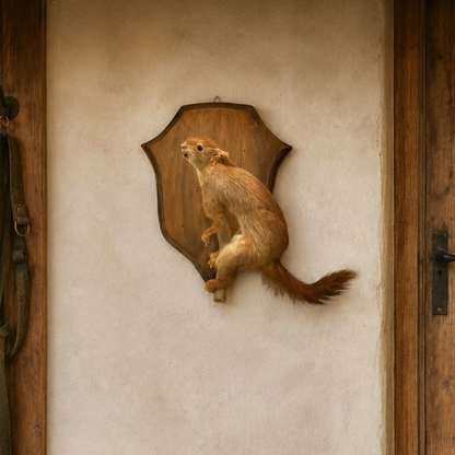 Taxidermy squirrel mounted on a wooden shield against a rustic wall with hunting equipment.