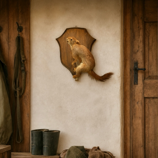 Taxidermy squirrel mounted on a wooden shield against a rustic wall with hunting equipment.