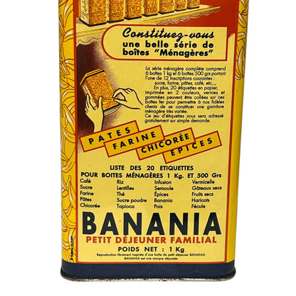 Vintage packaging of Banania breakfast food with text and graphics on a yellow background