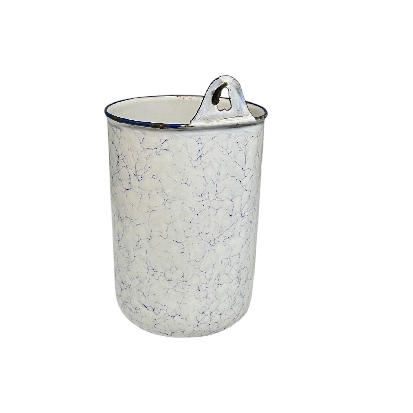 French enamel vintage garden wall mounted planter or kitchen bathroom storage pot, ideal for a rustic country cottage on a white background 