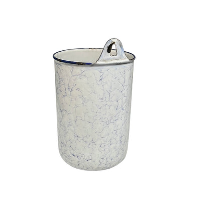 French enamel vintage garden wall mounted planter or kitchen bathroom storage pot, ideal for a rustic country cottage on a white background 