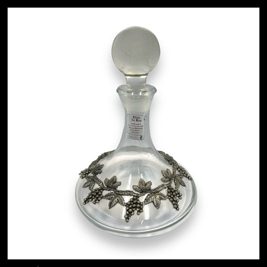 Vintage French Glass Wine Decanter with Glass Stopper and Pewter Decoration for sale from All Things French Store