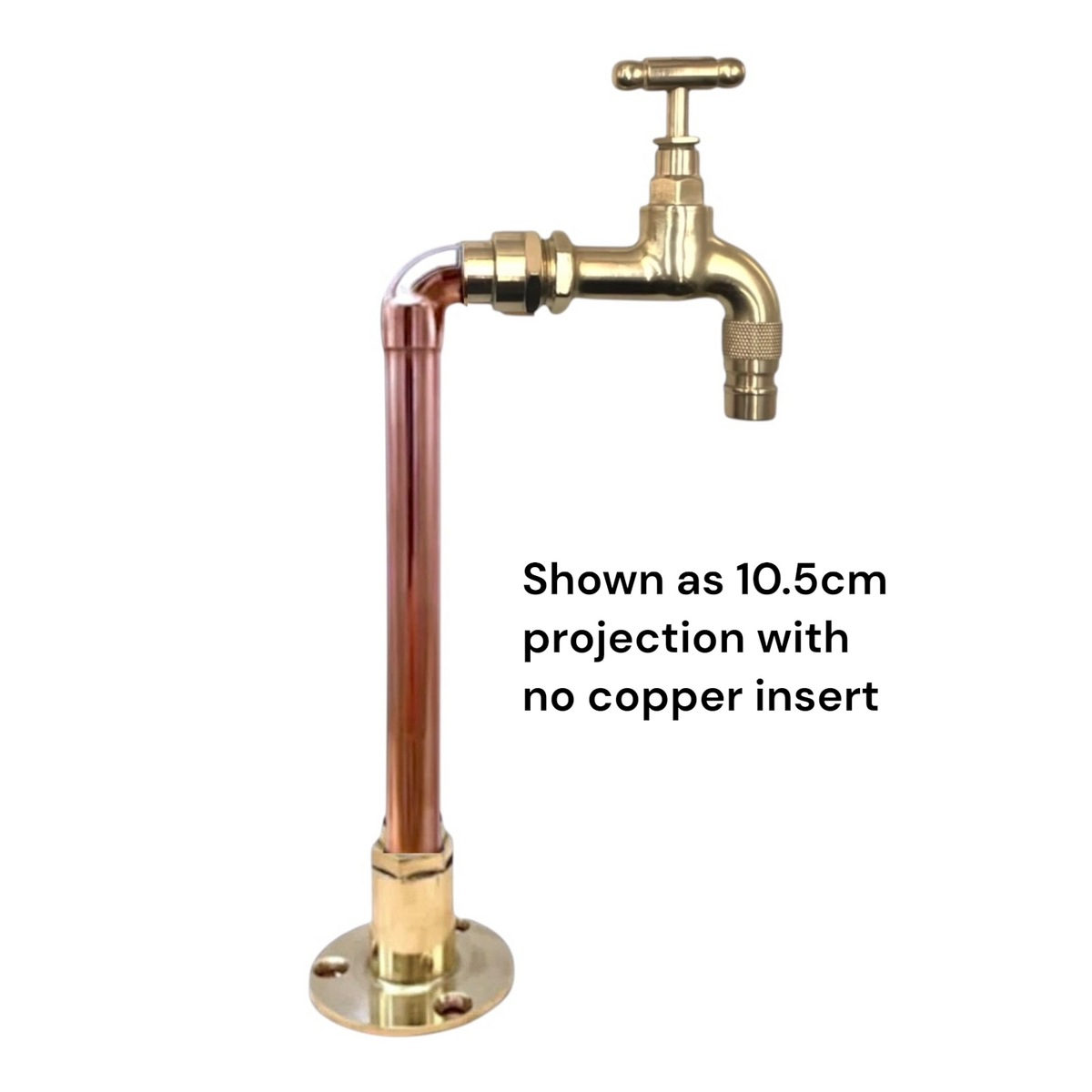 A brass faucet with a vertical copper pipe insert and T-handle, shown on a white background with black text reading 'Shown as 10.5cm projection with no copper insert'.