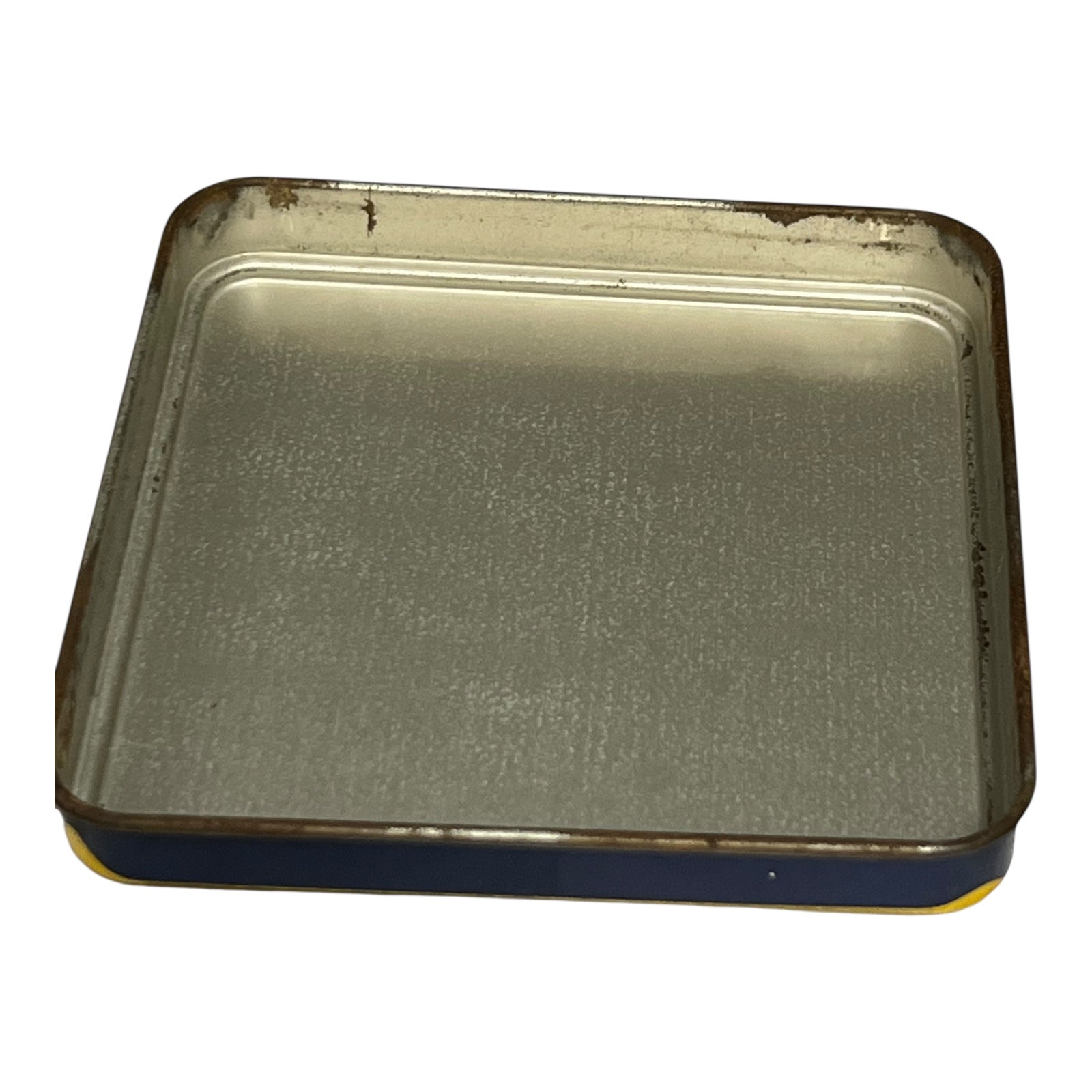 Metal tray with a blue rim on a white background