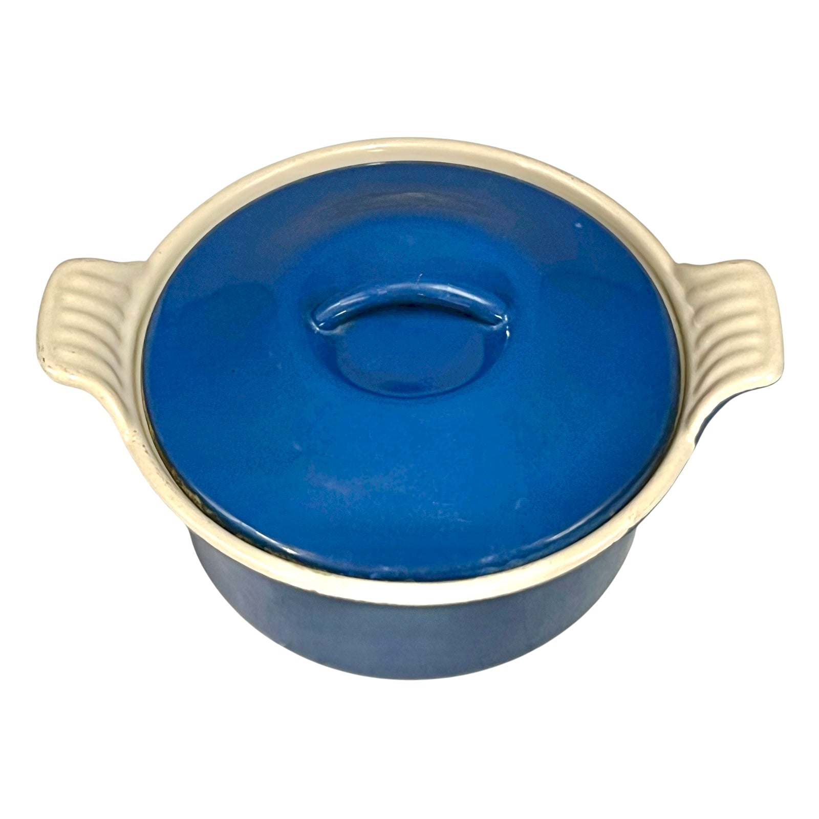 Blue ceramic cast iron casserole dish  on a white background
