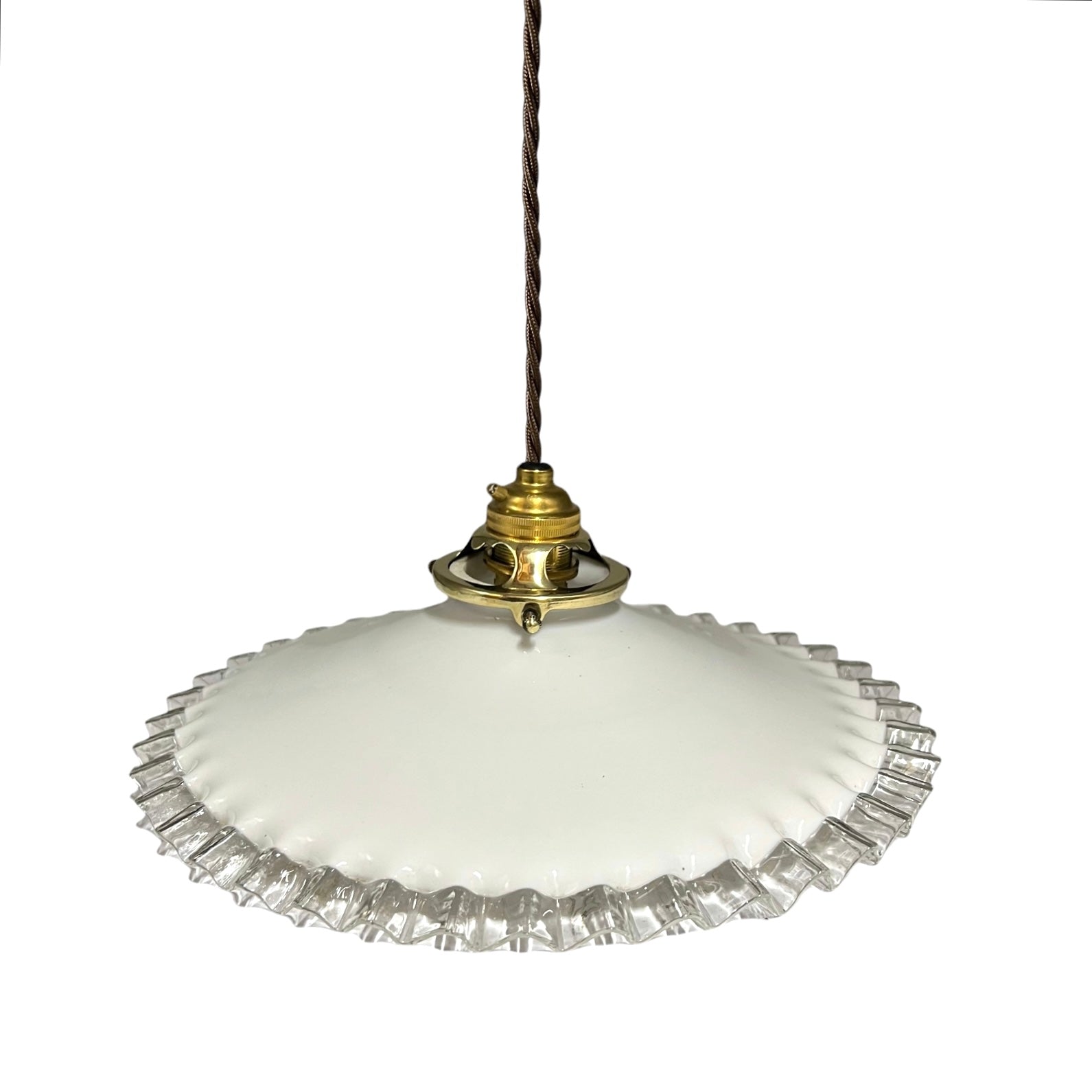 A vintage-style pendant light with a white glass shade featuring a fluted, ruffled edge and a polished brass metal fixture, suspended from a dark brown cord against a plain white background.