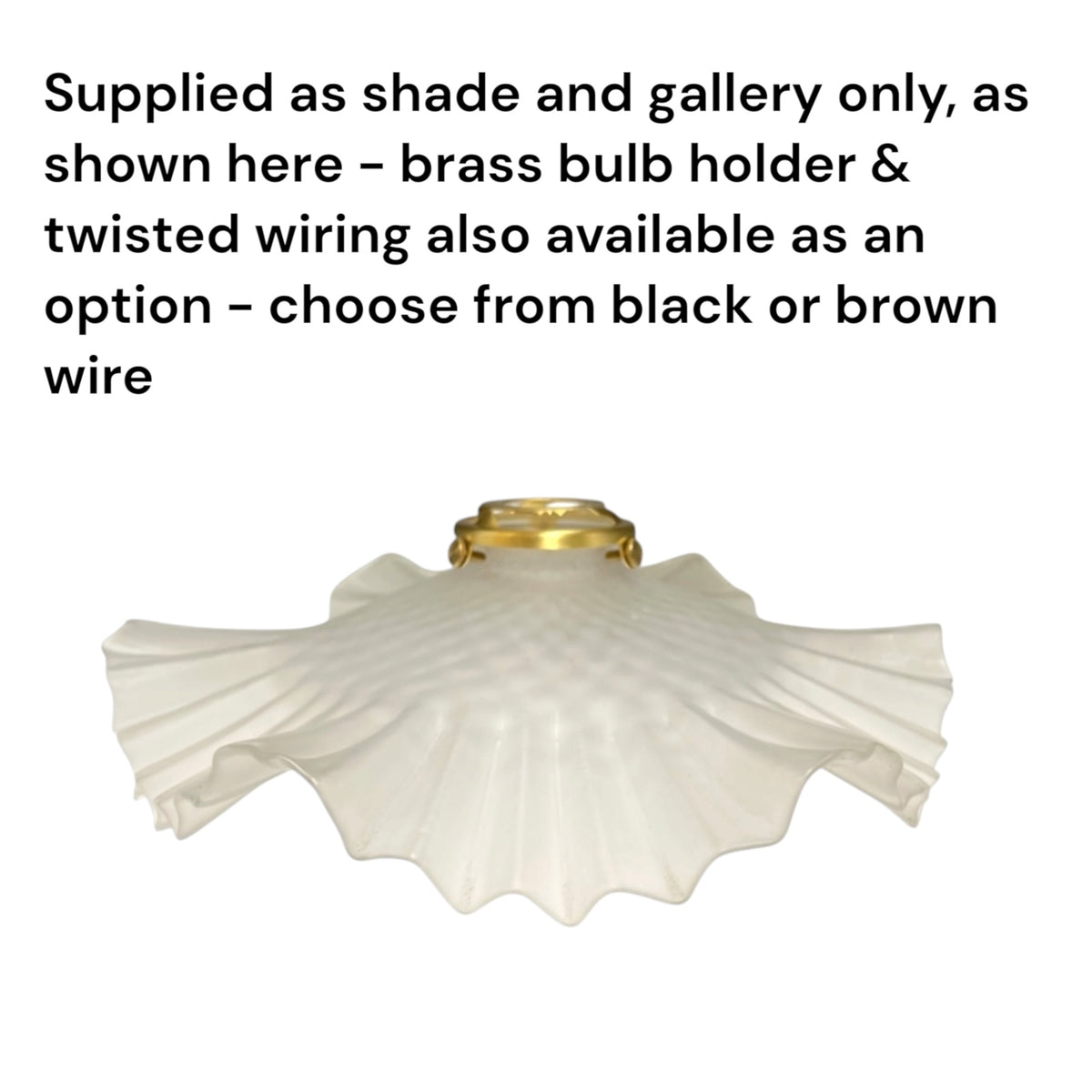 An off-white pleated glass shade with a brass-colored bulb holder and twisted wire connection, shown against a plain white background with descriptive text above.