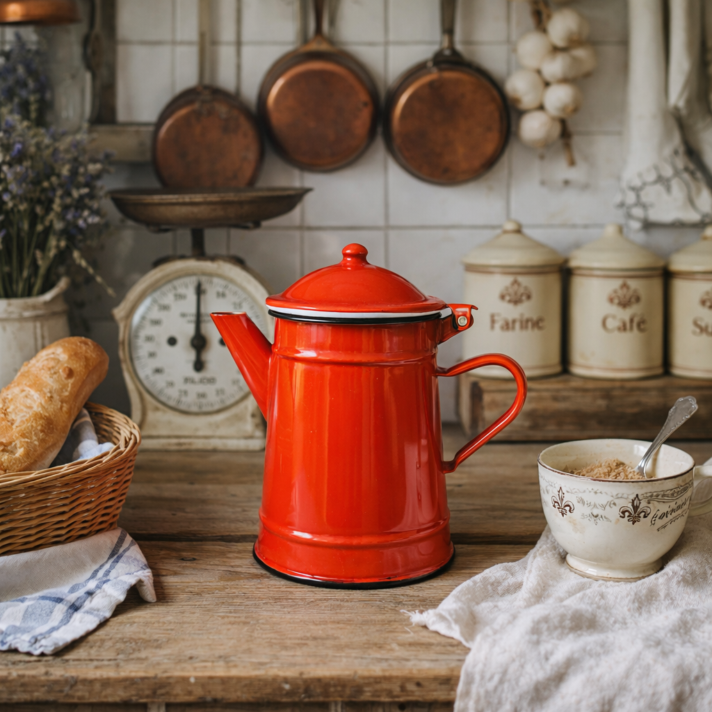 Red enamel teapot on a wooden kitchen counter with a rustic background