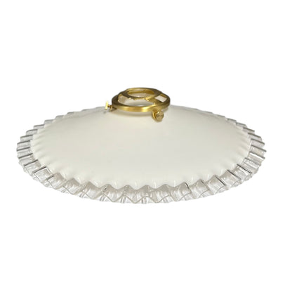 Vintage French Opaline Milk Glass Pendant Pie Crust Lampshade with Brass Collar