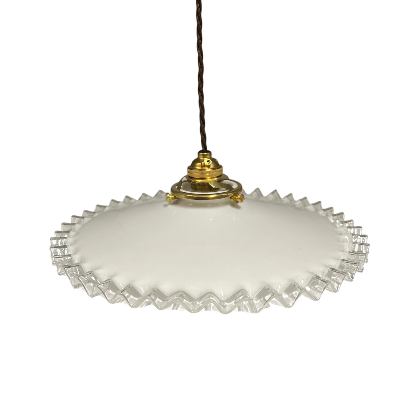 A vintage-style pendant light with a white frosted glass shade featuring a scalloped, fluted edge and a gold metal top cap, suspended by a dark brown cord against a white background.