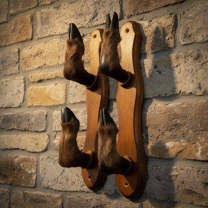 Boar hoof set on wooden mounts against a stone wall