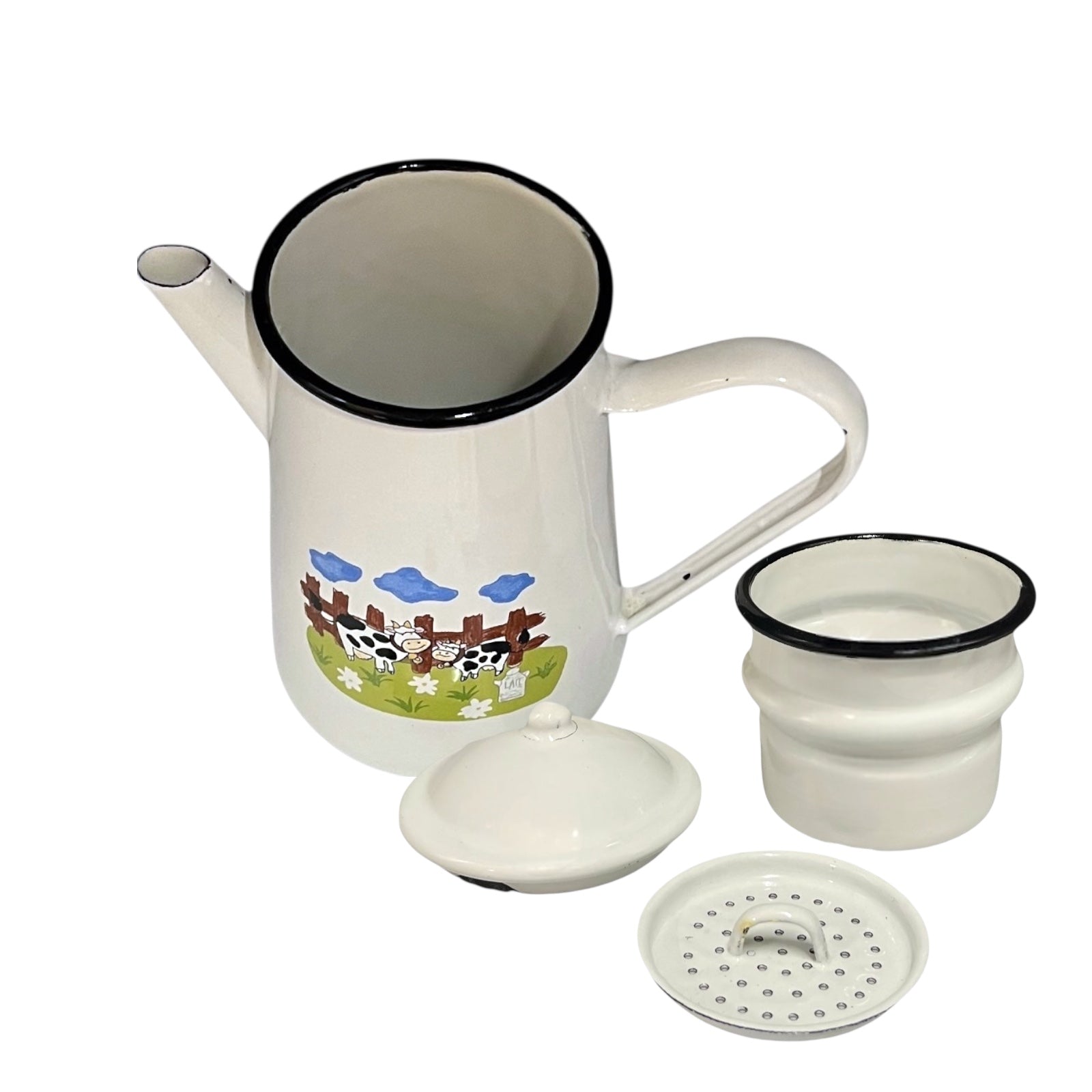 White enamel coffee pot or teapot with farm design on a white background