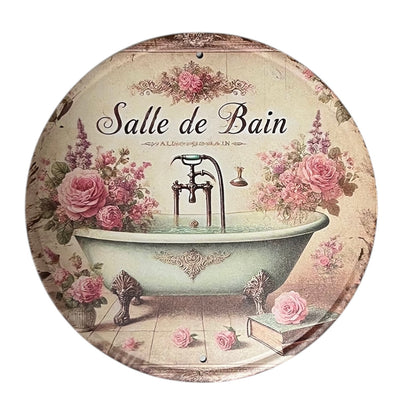 Decorative plate with vintage bathroom design, roses, and 'Salle de Bain' text.