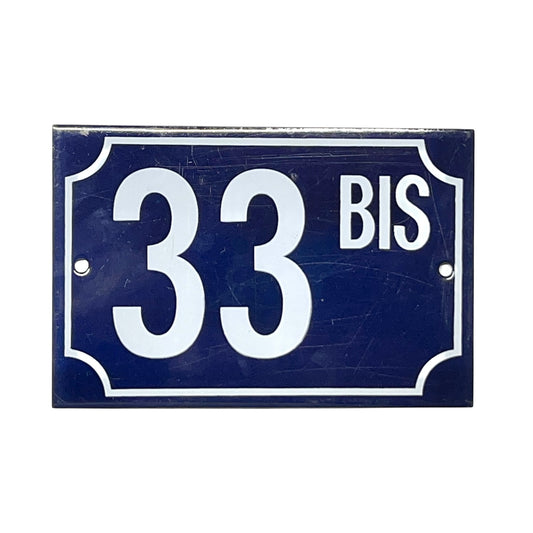 Navy blue rectangular sign with white text '33 BIS' on a white background for sale from All Things French Store